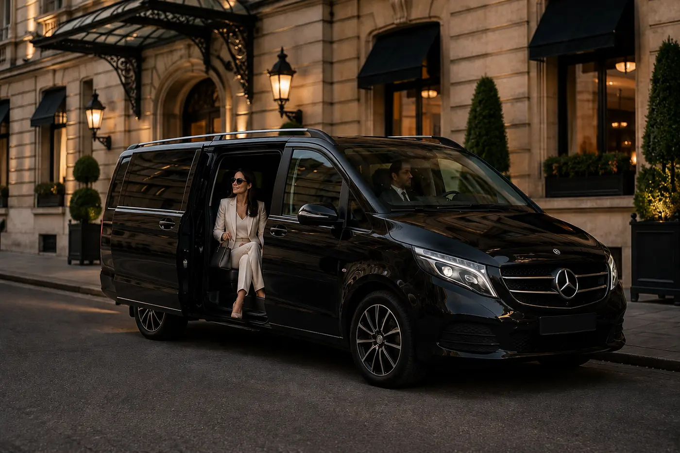 Mercedes Classe V devant l'entrée d'un hôtel