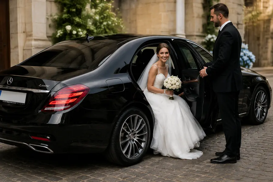 Mariée sortant d'une berline Mercedes