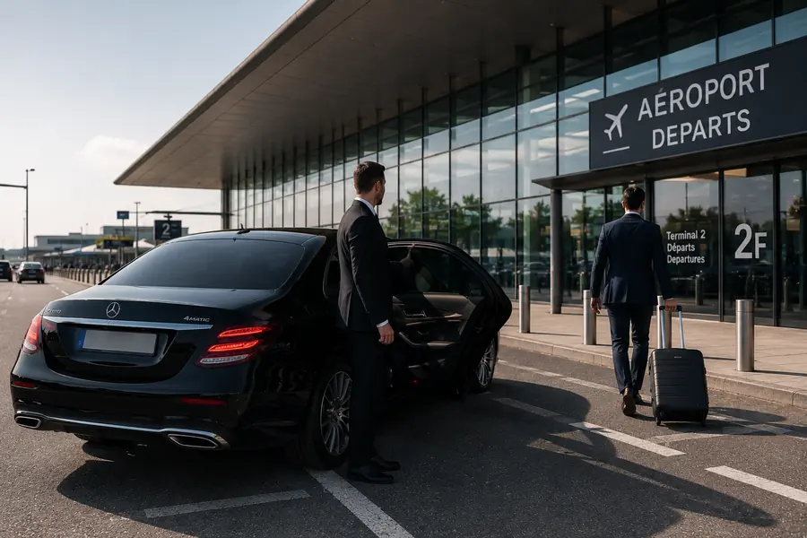 Chauffeur ouvrant la portière d'une Classe S devant un terminal