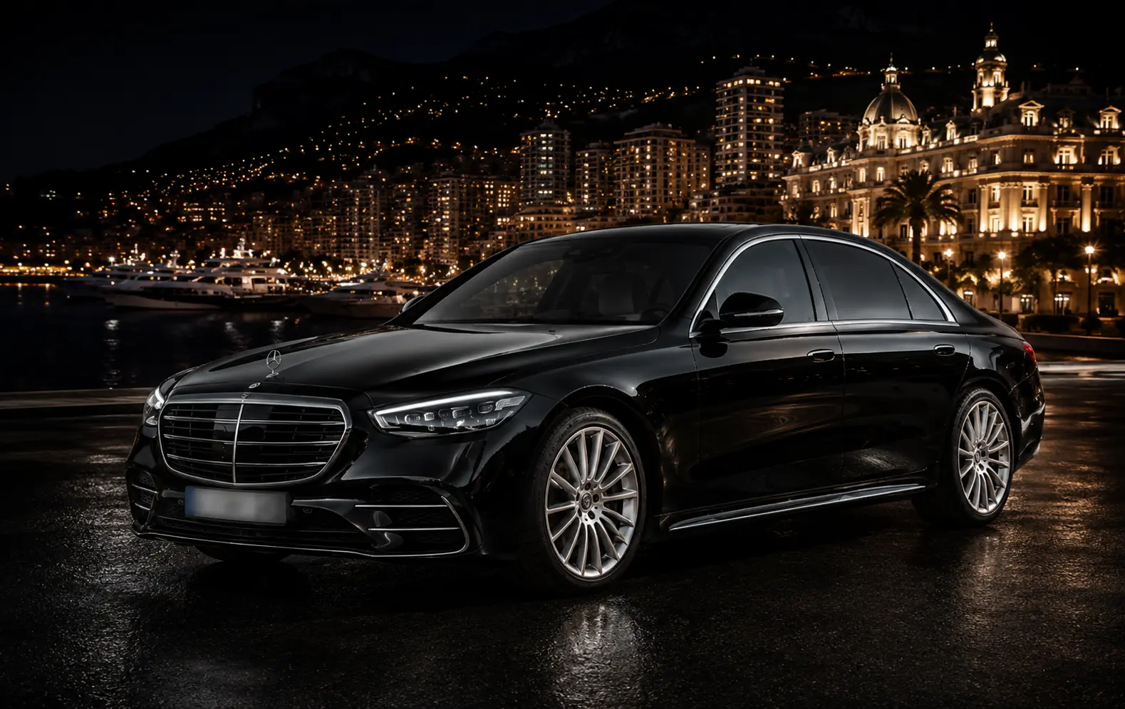 Mercedes Classe S noire de nuit face à Monaco