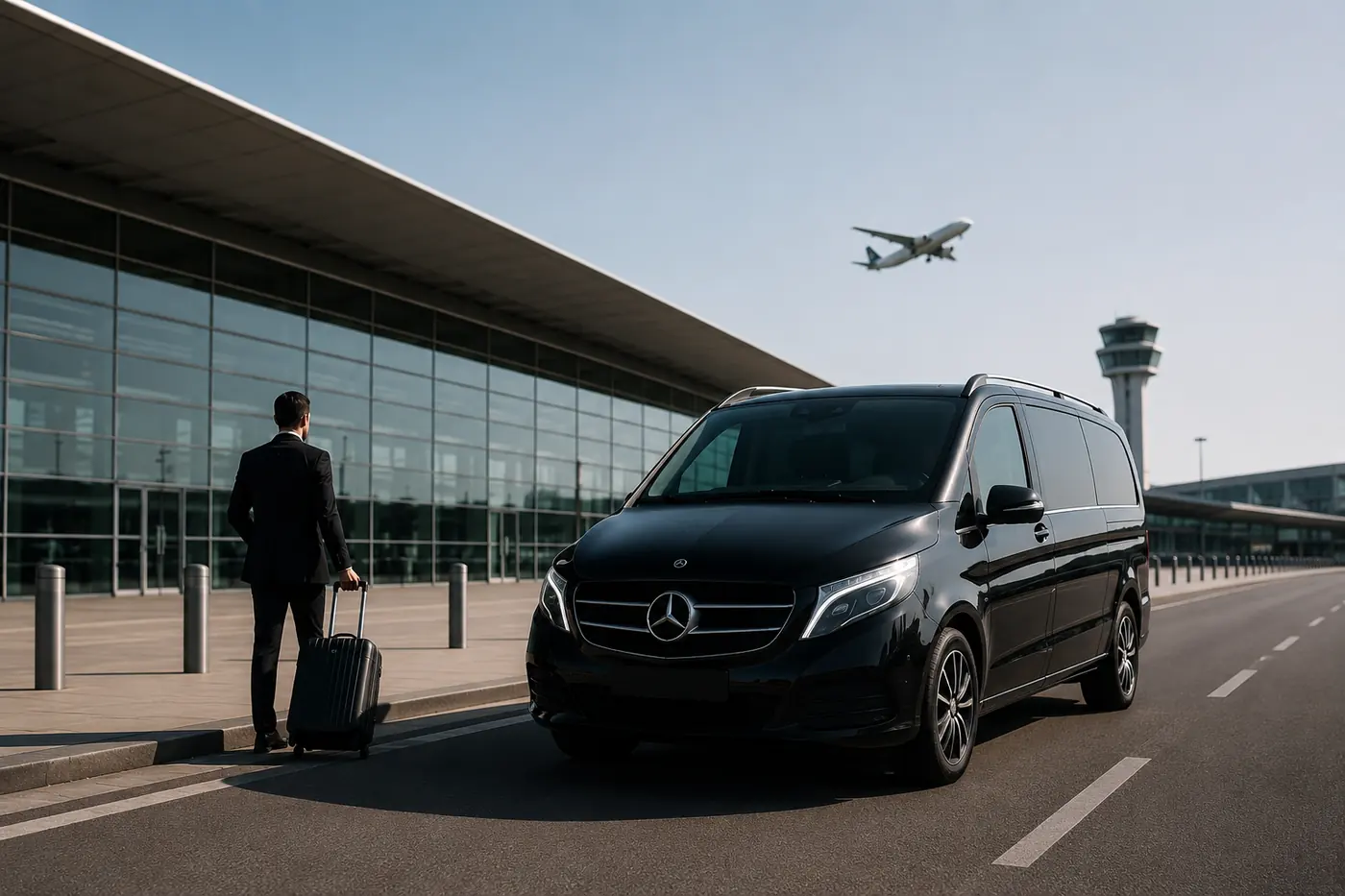 Chauffeur accueillant un passager devant un terminal d'aéroport